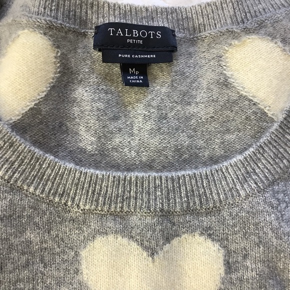 Petite Medium Talbots 100% Cashmere Sweater Heather Gray Cream Heart Pattern - Picture 9 of 10
